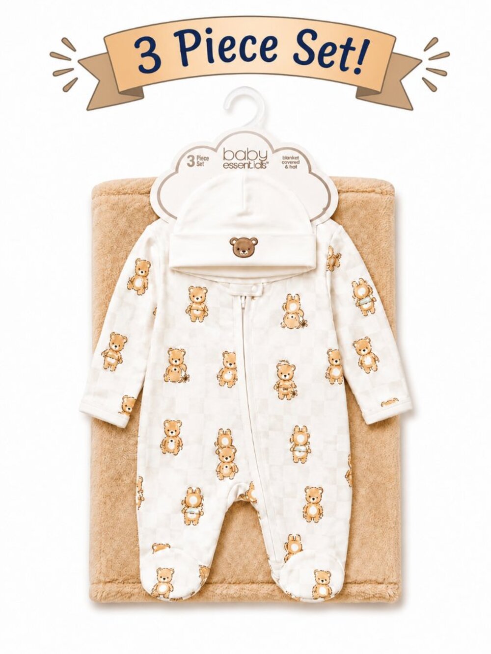 NWT Baby Essentials 3 Piece Baby Shower Gift Set Baby Boy Teddy Bear Blanket